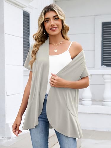 DEARCASE Women's Short Sleeve Summer Draped Cardigan, Light Gray, X-Large — view 5