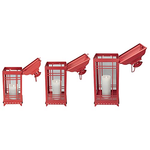 Set Of 3 Crimson Red Multi-Sized Mission-Style Glass Pillar Candle Lanterns 20" #TOP5