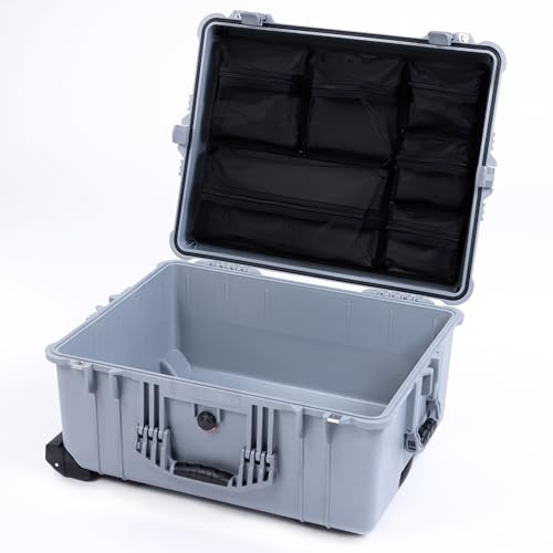 Pelican 1610 Case by ColorCase - Silver - Large Sized Waterproof Case Mesh Lid Organizer - Silver Handles & Latches