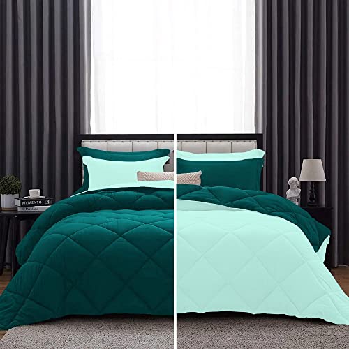 D.N.G BEDDINGS 5 Piece Luxury Reversible Diamond Pattern Comforter Set Premium Super Soft, All Season 800 TC, 100% Egyptian Cotton Twin/Twin XL Size Aqua Blue-Teal Color