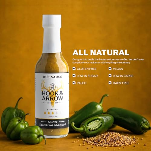 Image of Hook & Arrow Spicier Sauerkraut & Mustard Hot Sauce - Low Sugar Tangy Spicy Mustard Sauce, Gluten-Free, Vegan, Paleo, Low Sodium (5 fl oz, 30 servings)