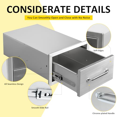 Image of Outdoor Kitchen Drawers 14 inch W x 8.5 inch H x 23 inch D Flush Mount Single BBQ Drawers with Chrome Handle Built-in Stainless Steel Drawer for Outdoor Kitchen Island, Patio Grill Station