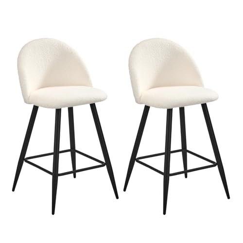 OIKITURE 2PCS Bar Stools, Boucle Fabric Dining Chairs with High Contoured Backrest, Counter Stool with Thick Padded Seat for Island Counter Kitchen Bar, 47.5x46x87.5cm, White&Black