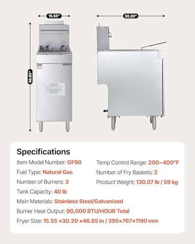 Image of VEVOR Commercial Deep Fryer, 3-Burner Fryer for Restaurants, Stainless Steel Floor Standing Deep Fryers with Dual Baskets and Adjustable Temperature, Natural Gas Powered, 40 lbs Capacity, 90,000 BTU