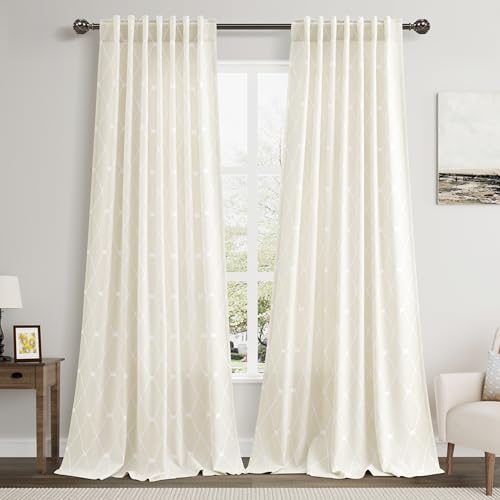 Nanspring White Geometric Pattern Natural Curtains 96 Inches Long for Living Room Back Tab and Rod Pocket 50% Blackout Curtain Neutral Farmhouse Decor Drapes for Bedroom Dinner Room 52x96, 2 Panels