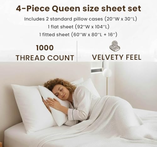 Image of Queen Size Sheets, 1000 Thread Count 100% Cotton 4-Piece Bed Sheet Set, 16-Inch Deep Pocket, Soft Breathable Cooling Sateen Hotel Bedding, Ivory