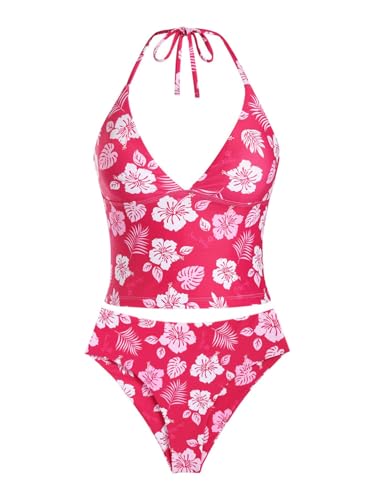 Blue Terry Toweling Floral Jacquard Halter Tied Tank Top & Full Coverage Bottom Tankini Set,