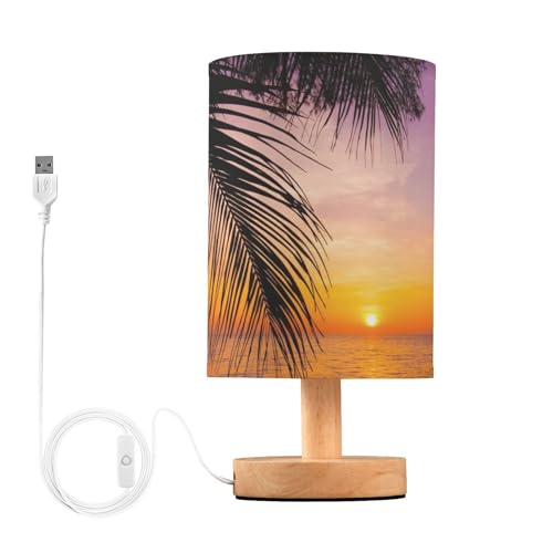 YYZZH Table Lamp Sunset Ocean Palm Tree Tropical Summer Nightstand Lamp with Wood Base Fabric Lamp Shade Bedside Desk Lamp for Living Room Bedroom Kids Room Office