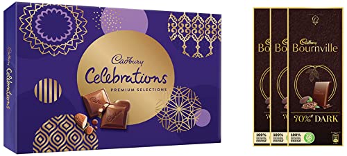 Image of Cadbury Celebrations Chocolate Gift Pack - Assorted, Premium, 281 g & Bournville Rich Cocoa 70% Dark Chocolate Bar, 3 x 80 g