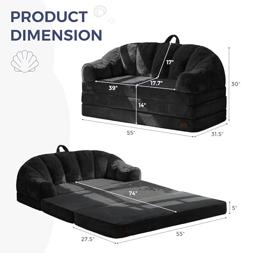 Image of MAXYOYO Folding Sofa Bed, 2 in 1 Convertible Sofa to Lounger Comfy Loveseat Bean Bag Chair for Adults, Floor Couch with Handle, Faux Fur Couch Bed for Living Room Bedroom, Black, Loveseat