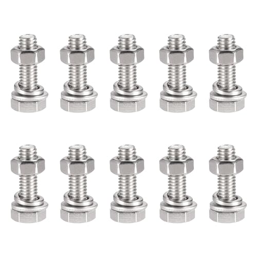 TOP-VIGOR 10Pcs M6 x 20mm Hex Head Screws Bolts, Nuts, Flat & Lock Washers Kits, 304 Stainless Steel Fully Thread Hexagon Bolts for DIY Bike Motorcycles Repair