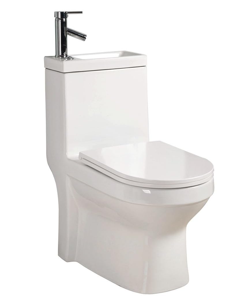 Compact Toilet 2-en-1 avec bassin de lavage intégré et robinet chromé - WC en céramique blanc économisant de l'espace
