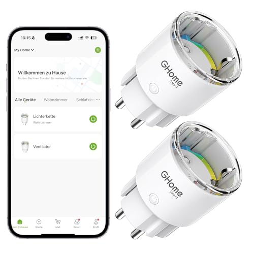 GHome Smart WLAN Steckdose, Kleinste WiFi Steckdose Zubehör Smart Plug App Fernbedienung, Stromverbrauch Messen Sprachsteuerung,Zeitplan,Funktioniert mit Alexa Google Home, 2 Packs, Nur 2,4GHz WiFi