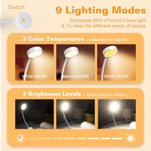 Image of KTEBO 2 Pack Rechargeable Book Light Clip-On Reading Light for Books in Bed | 9 eye-friendly modes from 3 color temperatures and 3 brightness, USB-C up to 30 hrs - Black & White