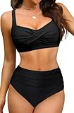 Amy Babe Women's Twist Front Modest Large Bust Swimsuit Padded High Waisted Ruched Bikini Set Two Piece Bathing Suit Black