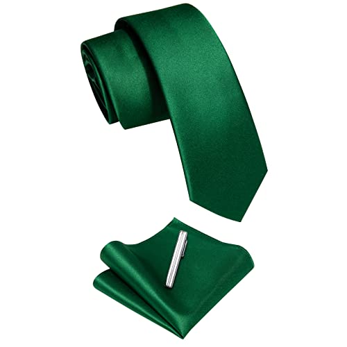 Image of YourTies Skinny Ties for Men Satin 2.4 inch Slim Necktie with Pocket Square Tie Clip Set Solid Color Wedding Party Business