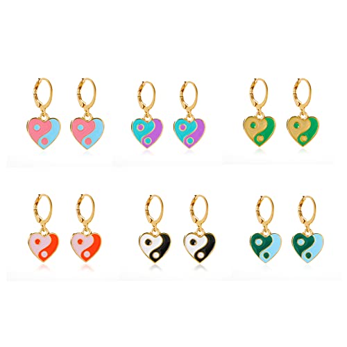 4 5 6 Pairs Cute Small Hoop Earrings Set Colorful Y2k Enamel Earring Yin Yang Heart Flowers Charm Weird Dangle Hoops Trendy Gold Hypoallergenic Aesthetic Earrings Pack for Women Girls（6 pairs-heart）