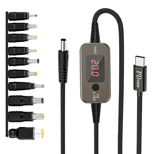 Cable Adaptador de Alimentación USB C PD a DC 100W, Cable Universal Convertidor de Carga Rápida 5V 9V 12V 15V 20V Voltaje Ajustable, Cargador con 10 DC Convertidor de Cabezas para Router Cámara