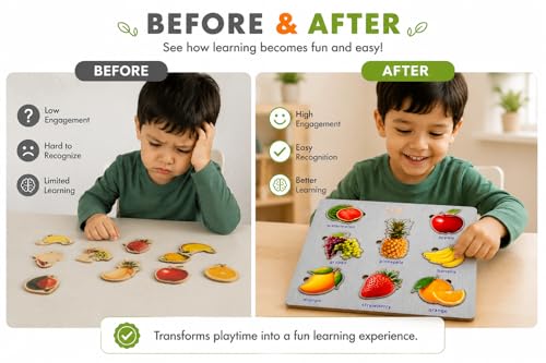 Image of Wooden Name Puzzle for Toddlers 2+ Years | Montessori Letter Matching & Name Recognition Learning Toy | Alphabet Educational Puzzle for Preschool Boys & Girls (Fruit)