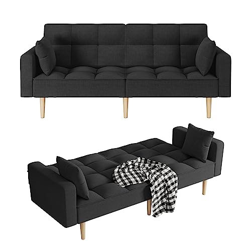 Senfot Futon Couch Sofa Linen Sofa Convertible Sofas, Modern Linen Upholstered Futons Couch Bed With 2 Pillows, Modern Design With Button Tufted And Thickened Wood Leg In Black #TOP15