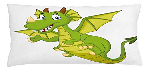 Lunarable Fantasy Throw Pillow Cushion Cover, Funny Character Dragon Cartoon Fantasy Animal, Decorative Square Accent Pillow Case, 36