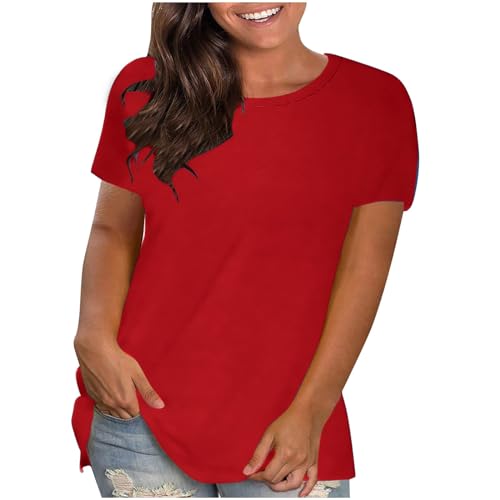 KOG Damen Tshirt Sale Damen Tshirt Lose Einfarbig Bekleidung Elegante Baumwolle Blusen Teenager Hemd Oversize Oberteile Frauen Rundhals Elegant Tee Blitzangebote des Tages Rot XXL