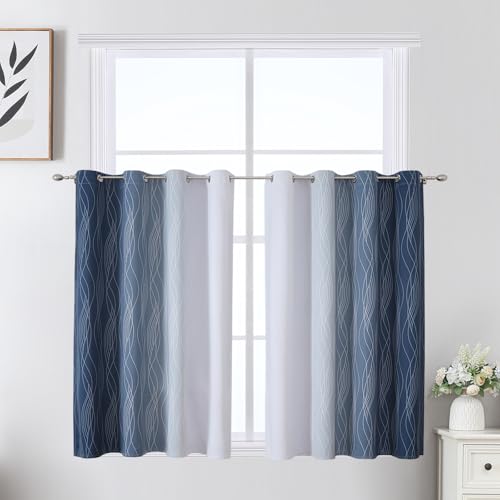 Image of Estelar Textiler Navy Blue and Greyish White Ombre Short Blackout Cafe Curtains 36 Inch Length, Thermal Insulated Grommet Small Half Window Drapes for Kitchen /Basement /RV Camper, 52Wx36L, 2 Panels