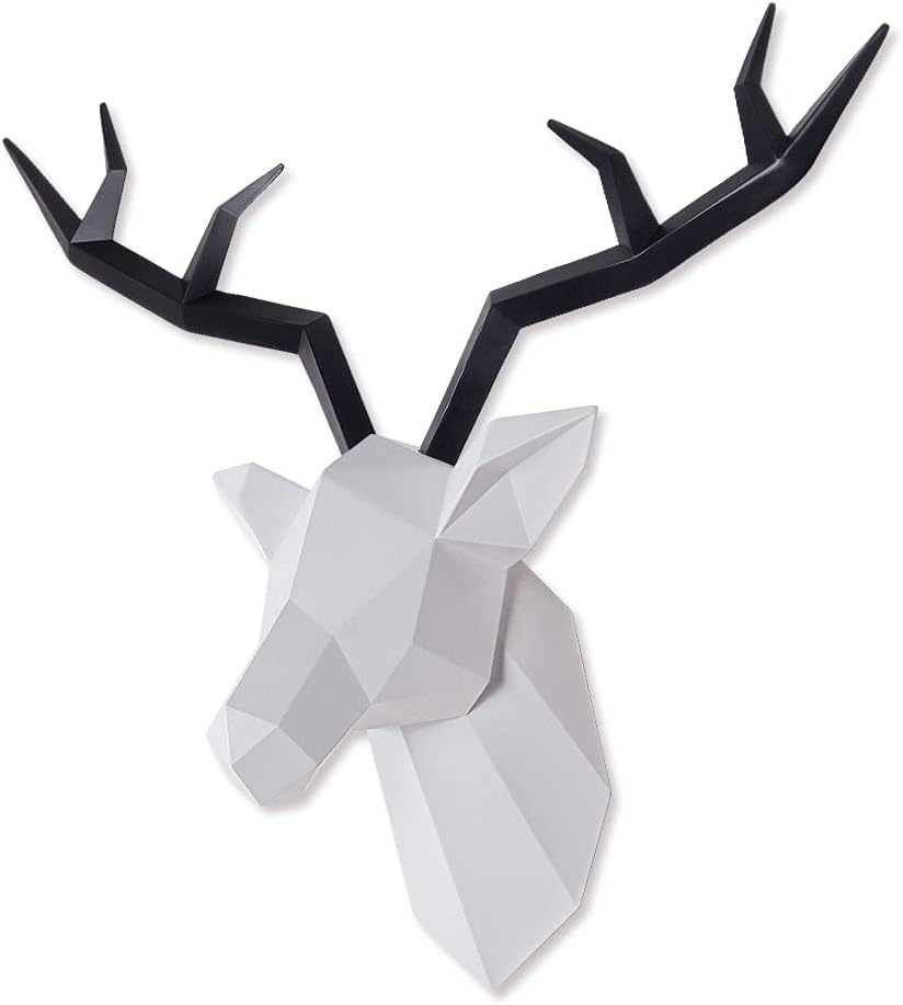 TIANCENTRAL H Deer Head Wall Decor Faux Taxidermy Resin Animal Head Wall Art Geometric White Deer Head Black Antlers for Office Bar Holiday Home Decoration