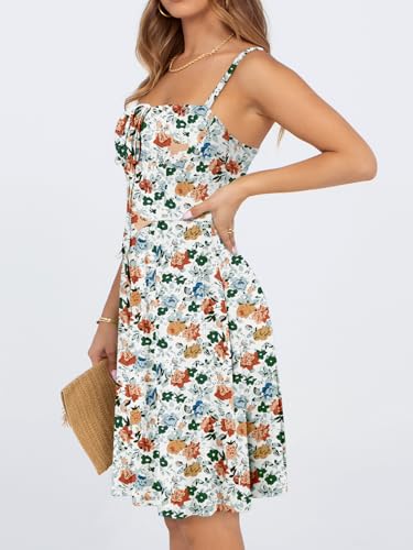 Image of YATHON Summer Mini Corset Sun Dress for Women Short Casual Square Neck Lace Up Floral Beach Vacation Dresses with Pockets