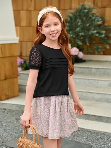 Image of Haloumoning Girls Short Sleeve T Shirts Kids Summer Lace Crewneck Tops Fashion Pleated Tees 5-14 Years