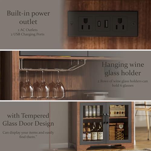 Image of 75 inch Arched Kitchen Pantry Cabinet with Charging Station & LED Light, Tall Coffee Bar Liquor Cabinet, Modern Kitchen Hutch with Microwave Stand & Adjustable Shelf for Dining Room