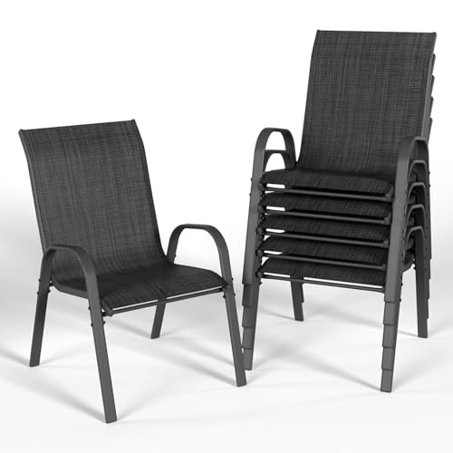UDPATIO 6er Set Gartenstühle Stapelbare, 55cm Breiter Hochlehner Gartenstuhl, Stapelstühle aus Textilene, Atmungsaktive Terrassenstühle für Balkon, Terrasse, Garten, Schwarz