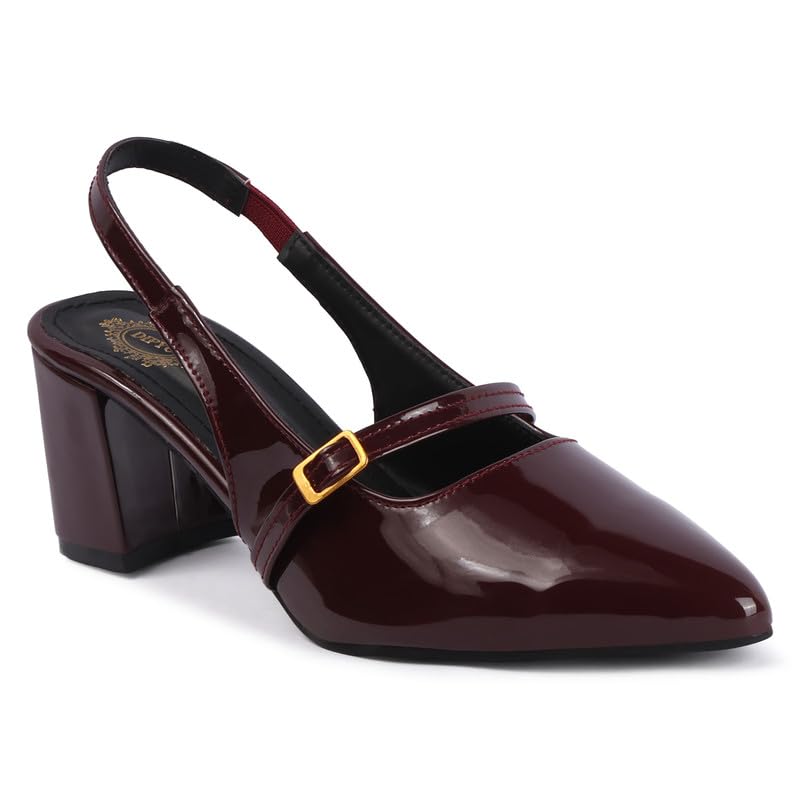 Slingback Heels for Women - Glossy Patent Finish, 2 Inch Block Heel | Patent Finish Upper with Rubber Sole | Slingback Buckle Closure | Pointed Toe | Party Heels (Black, Wine)-image-37