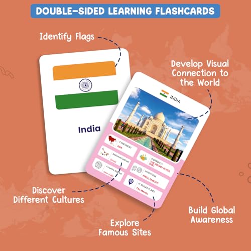 Image of Intelliskills Premium 195 Country Flags & Facts Flashcards with Large World Map for Kids, World Flags Learning Set for Boys & Girls, Fun Geography & Culture Study, Double-Sided, Ideal for Gifting