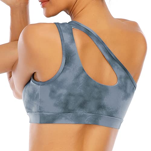 One Shoulder Sports Bra,Yoga Bra,Workout Bras for Women One Strap Sports Bra Running Athletic Tie Dye Sports Bra D023-blue tie dye-M - Image 3