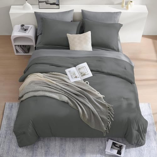 Image of King Size Comforter Set- 7 Pieces Prewashed Bed in a Bag King Bedding Sets | Soft All Season Comforter with Sheets, Pillow Shams & Pillowcases,Grey