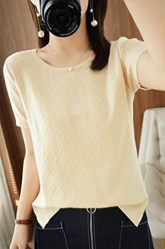 Image of Womens Short Sleeve Sweaters Tops Summer Thin Pullover Cotton Knit Shirt Crew Neck Lightweight Pointelle Blouse