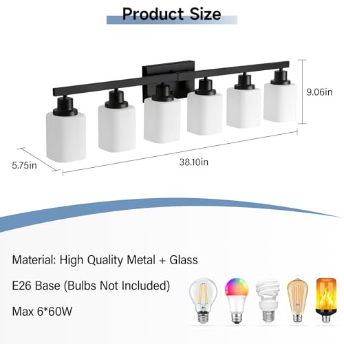 Image of 6 Light Bathroom Vanity Light, Modern Matte Black Bathroom Light Fixtures with Square Frosted Glass, Wall Sconces fixtures Over Mirror Restroom,Living Room Hallway E26