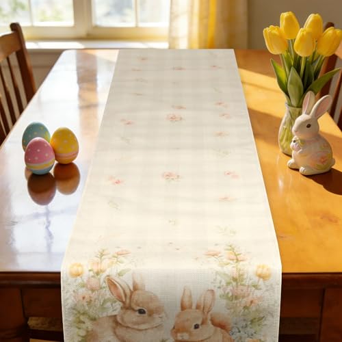 Tischläufer Ostern Osterdeko Tisch – Frühlingshafter Tischläufer mit süßen Osterhasen und Blumenkranz, waschbarer und langlebiger Stoff für Esstisch, Frühlingspartys und Familienessen, 180 x 33 cm