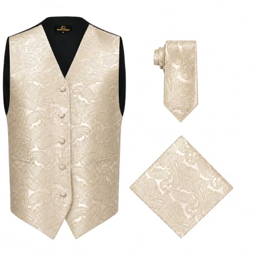 Oliver George Men's 3pc Paisley Formal Suit Waistcoat Tuxedo Dress Vest Necktie Handkerchief Set for Suit or Tuxedo Beige XX-Large
