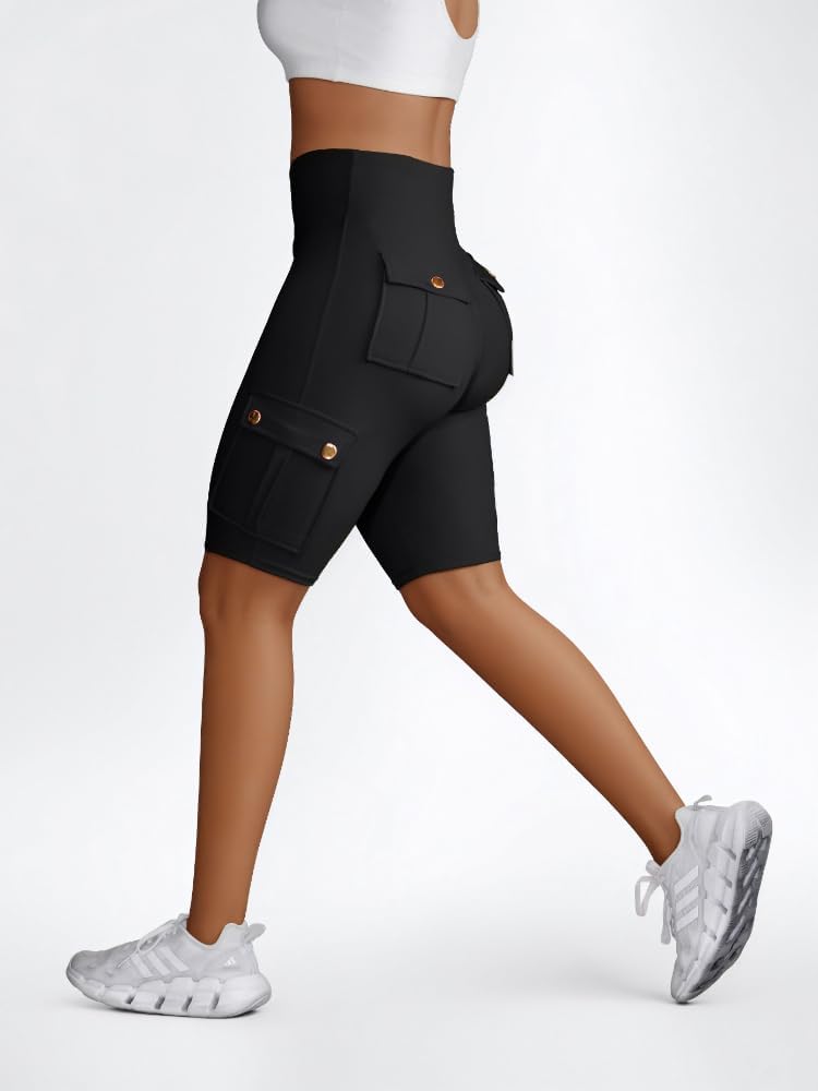 Sumleno Women Tummy Control Butt Lifting Shorts Knee Length High Waist Flap Pocket Workout Bermuda Cargo Running Shorts - Image 6