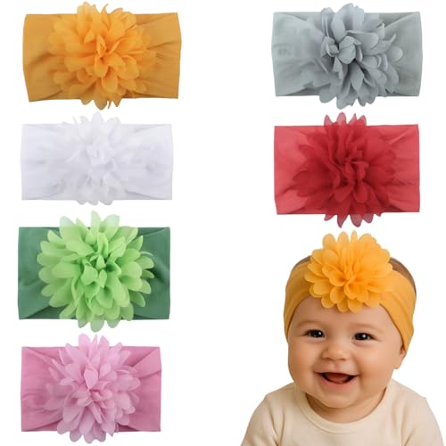 Image of SYGA Pack of 6 Baby Headbands Nylon Flower Soft Stretchable Hairband for Newborn Infant Toddler Kids For 0-3 Year (Multicolor)