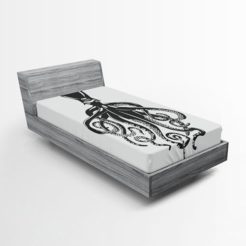 Ambesonne Octopus 2 Pack Fitted Sheet, Contemporary Sea Animal, Bed Cover All-Round Elastic Deep Pockets 2 Pieces, Package Contains 2 Twin Size Fitted Sheets, Charcoal White