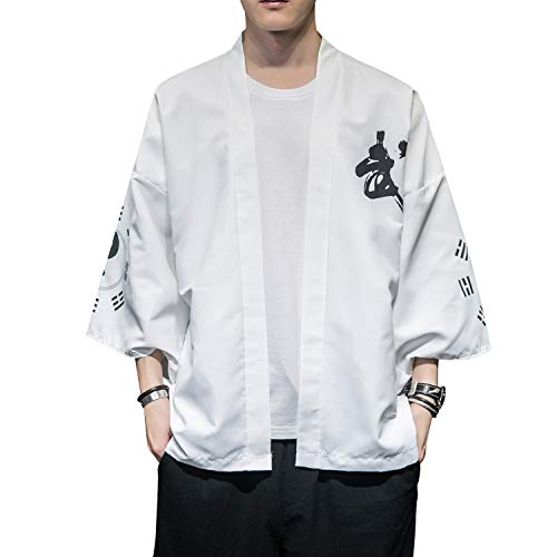 Image of Men's Japanese Kimono Robe Jacket Lightweight 3 /4 Sleeve Open Front Yukata | Silky Smooth Fashion Print Happi Coat Lightweight Breathable Loose Unisex Haori Casual Summer Cardigan Daily Beach Vacation