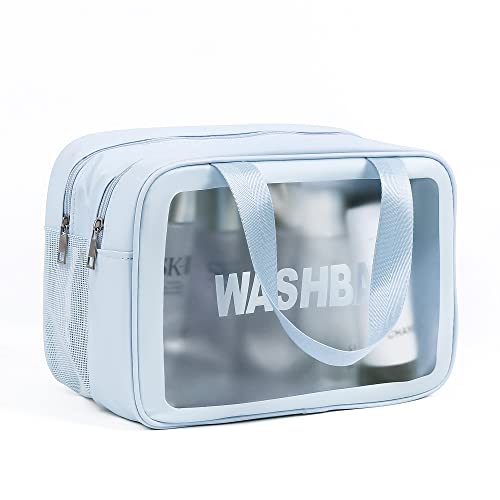 Clear Makeup Bag Pvc Waterproof Large Travel Toiletry Organizer Bag Set Plastic Transparent Cosmetic Bags Tote Bags Large Capacity Thickened Wash Bag (Blue) #TOP3