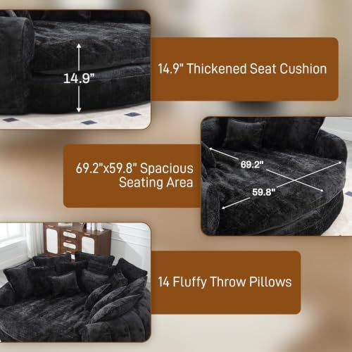 Image of 81 inch Round Sofa Bed Big Bean Bag Round Chaise Lounge Oversized Round Couch Boneless Reading Chair Plush Fluffy Chenille Large Chaise Chair for Living Room, Bedroom, Apartment, Black