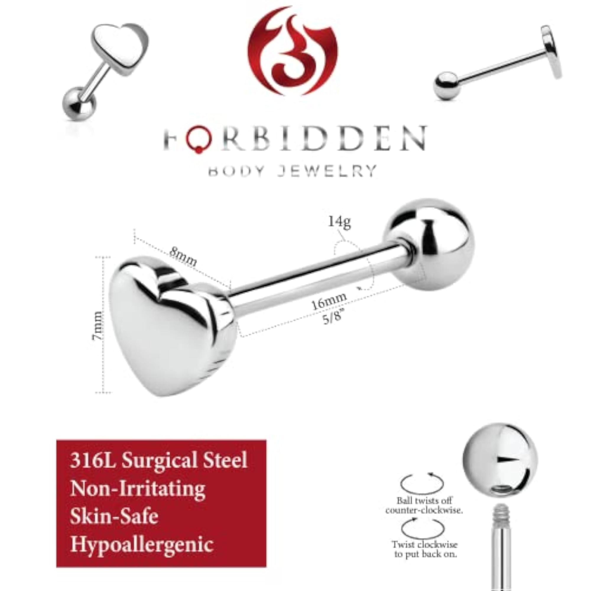 14G 16mm 316L Surgical Steel Heart Top Tongue Ring