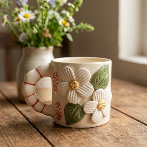 Image of 3D Flower Ceramic Coffee Mug 220ml | Handmade Tea Cup with Handle | Microwave Safe Coffee Cup Gift for Women | Valentine Gift for Her | Home Office Chai Mug | Birthday Gift for Girls
