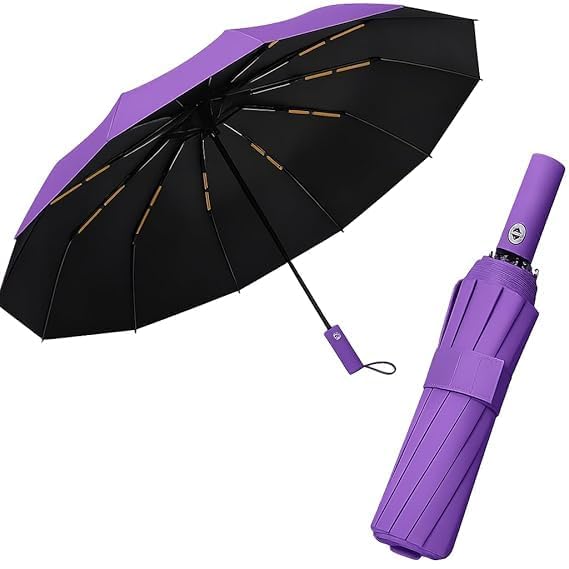 Image of Automatic Open Close Windproof Folding Travel Umbrella, Portable Compact Rain Umbrella for Men & Women Strongest Premium Auto Folding Umbrella for Rain and Sun (Purple)