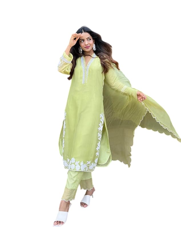 Women's Ethnic Suit Set, Light Yellow with White Embroidery, Kurta with Pants and Dupatta, 3-Piece-picture-30